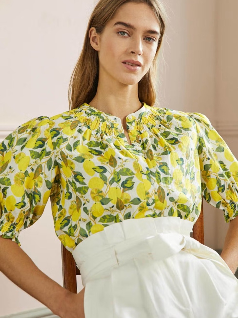 Boden Yellow Lemon Print Puff-Sleeve Blouse